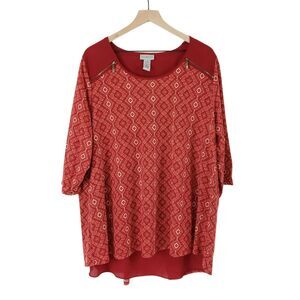 Catherines 1X 18/20W Red Zip Shoulder 3/4 Sleeve Southwest Knit Top Layered Look